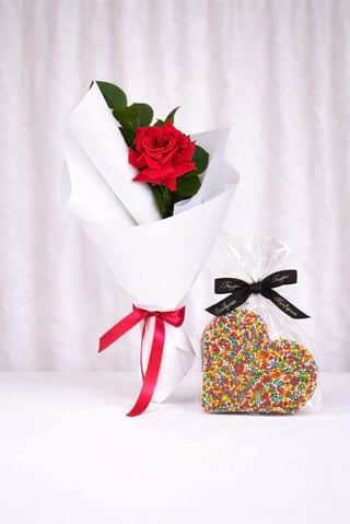 Single Red Rose & Love Heart Chocolate